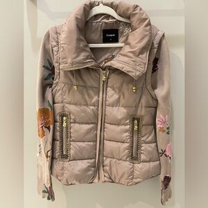 Desigual Convertible Puffer Vest Jacket Beige Quilted Floral Sleeves Zip-Off, S